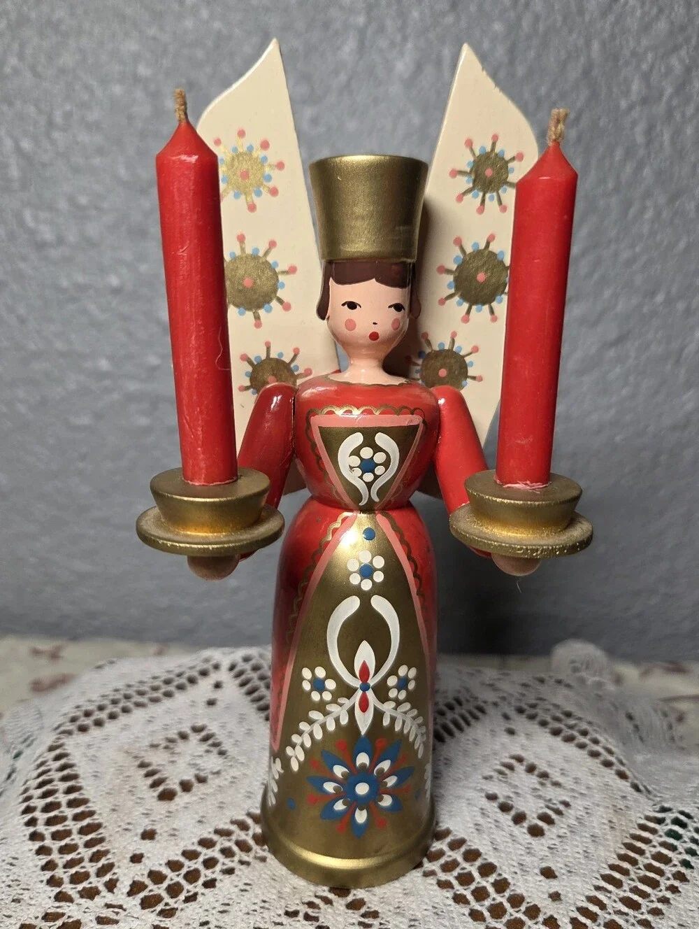 Vintage Erzgebirge Angel Candleholder German Handpainted Wood Christmas Decor